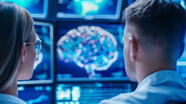 Scientists study intricate brain patterns and neural connections displayed on multiple screens in a lab setting