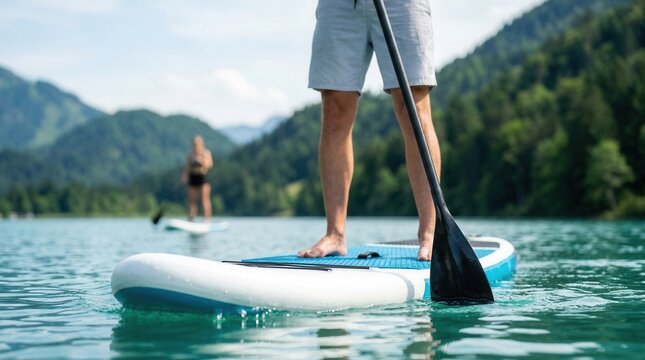 Faceless instructor leading paddle boarding lesson on European lake in outdoor water sports setting