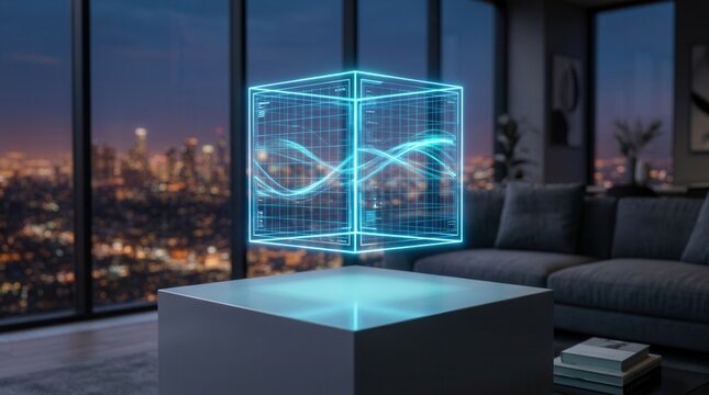 Blank holographic screen display mockup floating in a luxury apartment office with a city skyline at dusk