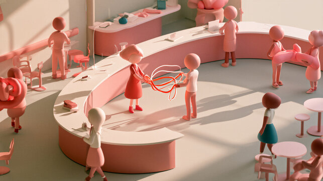 Clay style illustration of a busy pharmacy counter