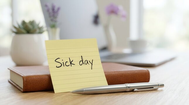 Sick day note on wooden desk with pen representing employee health leave and workplace wellness policy