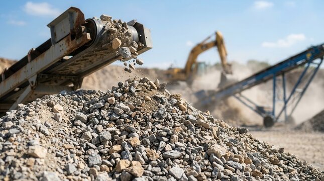 Heavy machinery sorting rocks and dust at a quarry with a vibrating screen for mineral separation and processing