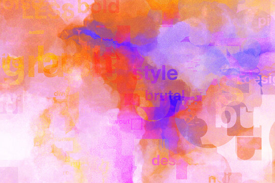 Typographic abstract background. Grainy orange, purple, pink watercolor effect with text overlay, words related to graphic design concepts.