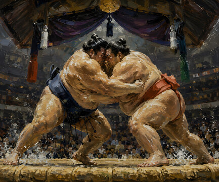 Sumo Wrestlers Clashing in Dohyo Ring, Oil Painting