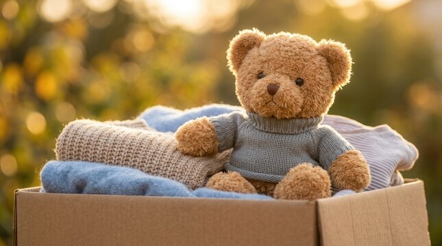 Teddy bear sitting in clothes donation box in warm sunlight representing childhood charity and giving