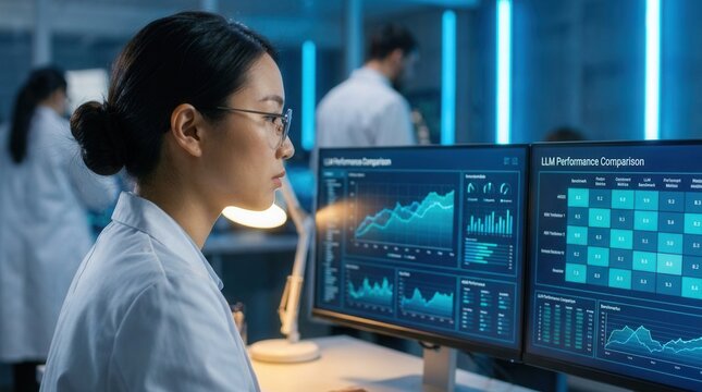 AI researcher reviewing benchmark comparison charts with performance metrics for large language models on dual monitors in a research lab