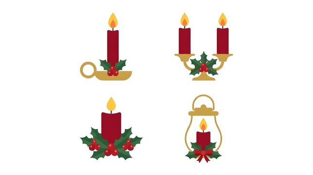 Elegant Christmas candle icon collection featuring single candles, candelabras, lanterns, holly leaves, and festive decorations in flat vector style. Suitable for holiday invitations, greeting cards, 