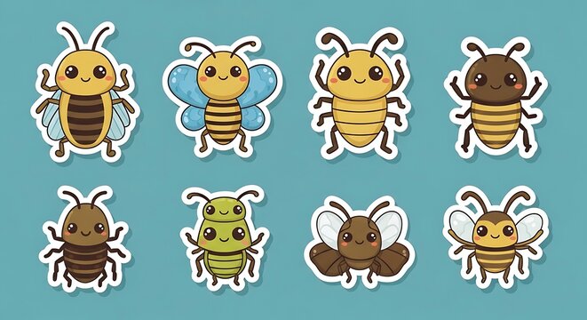 Set of cute cartoon insects with thick white borders