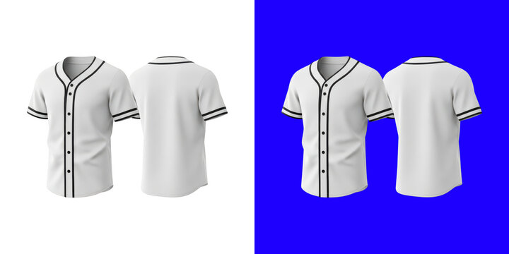 Front and back view of a white baseball jersey shirt with black stripes for athletic sports team uniform template design