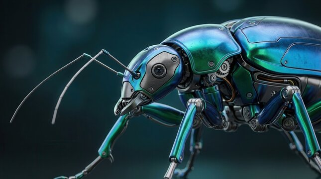 Futuristic mechanical insect robot with shiny metallic blue and green reflective armor parts in a macro close-up
