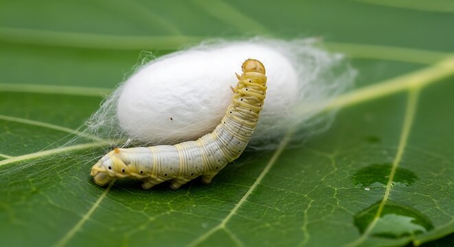 Silk Worm spinning a white silk cocoon on a mulberry leaf