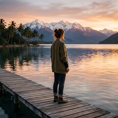 Fototapeta premium Woman standing on wooden pier overlooking snowy mountain lake