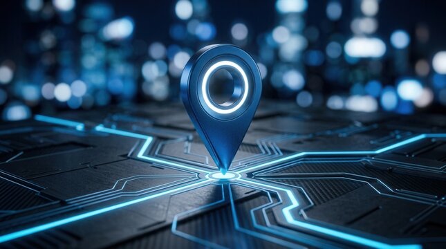 Digital pin drop animation style marker on a glowing strategic route for location-based business planning and milestone achievement.