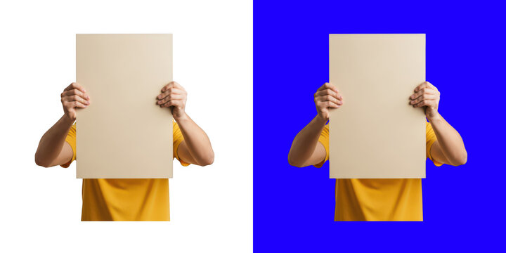 Person in yellow shirt holding a blank beige paper poster in front of their face for a simple creative message or announcement