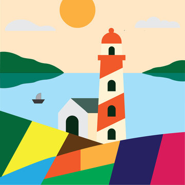 lighthouse on the island and beautiful sunset