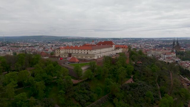 Aerial View of Spilberk Castle Hill and Dense Forest Canopy in Brno Czech Republic