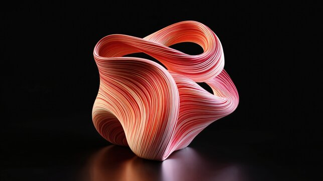 Abstract 3D twisted ribbon sculpture on a reflective surface. Modern red and white striped loop design against a black background