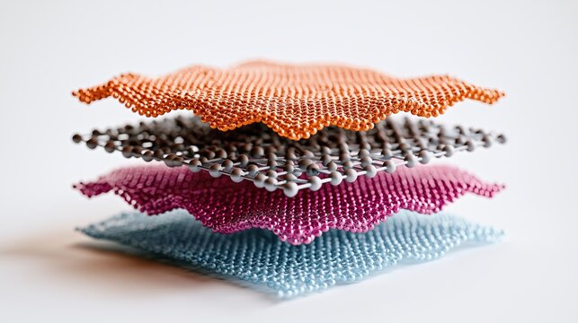 Layered 3D heterostructure model with four distinct stacked nanomaterials, orange wavy grid over grey hexagonal lattice, magenta atomic network above blue crystalline sheet, isolated scientific visual