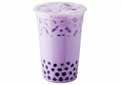Iced purple taro milk bubble tea with black tapioca pearls in a clear plastic takeaway cup