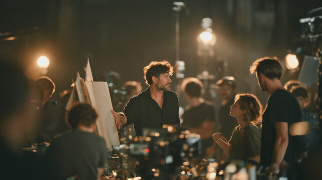 Director briefing the crew on a warm lit sound stage