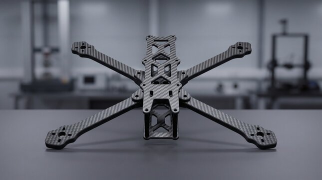 Carbon fiber fpv racing drone frame skeleton on workbench in workshop with quadcopter assembly structure engineering prototype robotics material