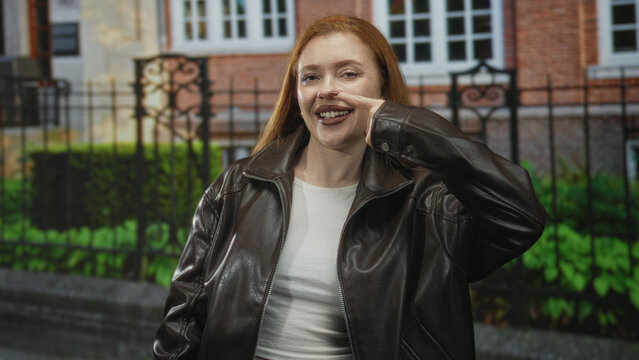 Redhead woman points finger to cheek and smiles in front of building with iron fence and sidewalk; playful confidence.
