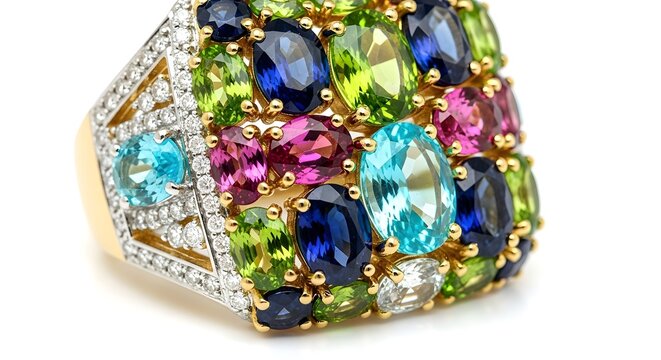 Luxury gemstone cocktail ring with multicolor sapphires, emeralds, and diamonds on gold band isolated on white