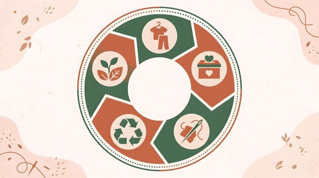 Circular economy fashion illustration, sustainable textile recycling process diagram, eco-friendly clothing lifecycle infographic in earthy tones