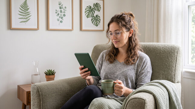 Young woman reading e-book on tablet reader in bed. Female relaxing with hot drink while reading an electronic book in cozy room. Mental health recovery, Personal growth. Hobby, Leisure time alone