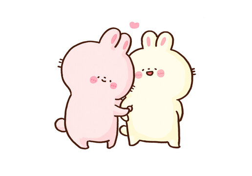 Rabbit couple crossing arms and smiling closely together, happy love romance or dating concept