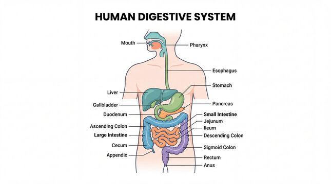 Human anatomy medical diagram body systems educational infographic. Human digestive system anatomical diagram illustrating organs and their functions in a clear educational format 