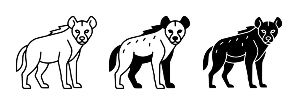 Hyena Icon Set: Line Art, Spotted Silhouette, and Solid Black Vector Graphics for Wildlife and Safari Themes