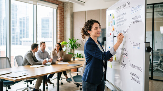 Smiling female corporate executive drawing business strategy mind map upon whiteboard during boardroom meeting team presentation professional leadership modern office collaboration planning