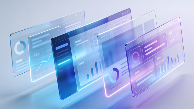 Multiple translucent glass interface panels displaying colorful data charts and analytical graphs floating in a soft bright digital tech space