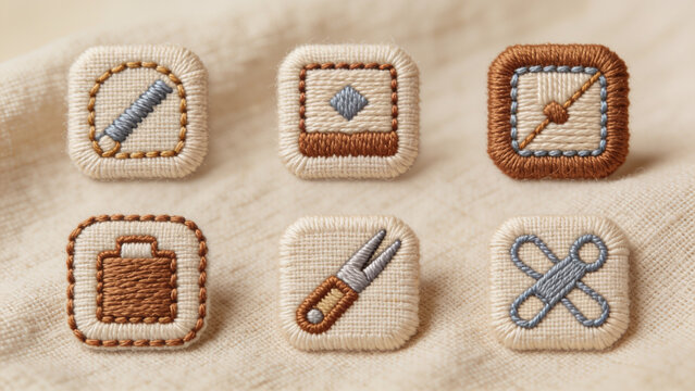 Embroidered fabric square icons featuring various craft tools and shapes displayed on a soft textured linen material in neutral tones