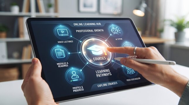 Person using tablet displaying online learning hub dashboard