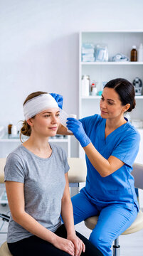 Nurse applies bandage on woman's head in medical office. Bright space with shelves of medical supplies and clinic setting. Concept of healthcare, patient care, medical services