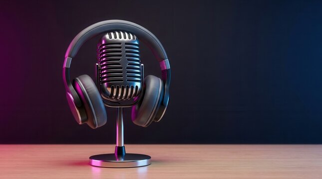 3D rendering mock up of a podcasting and radio concept featuring a retro microphone and headphones on an empty wooden table against a dark blank wall.