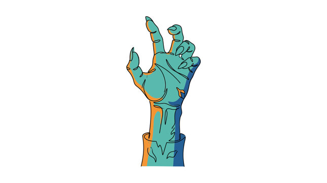 Zombie arm emerges from the bottom with clawed fingers and vibrant color blocking in a stylized aesthetic.
