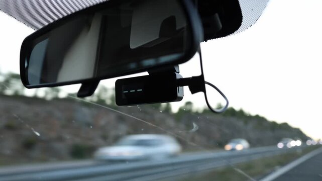 Radar detector mounted below the rearview mirror alerts a driver to speed cameras and police radar while traveling by car on a highway during a long distance road trip