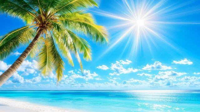 Tropical paradise beach with palm trees and bright sun over turquoise ocean waves