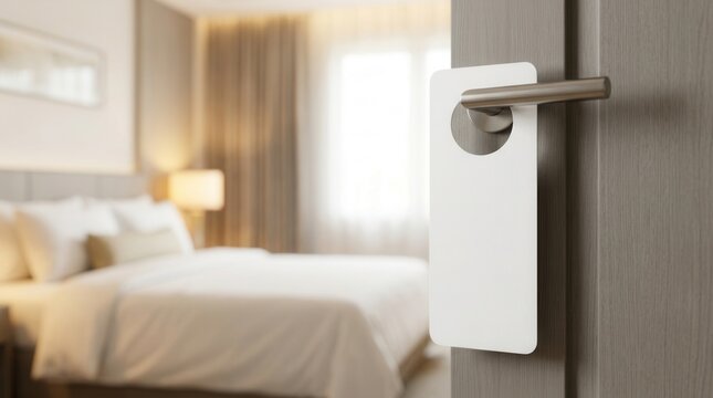 Hotel room door handle featuring a blank white door hanger mockup in a cozy bedroom interior with neutral decor and soft lighting for branding display.