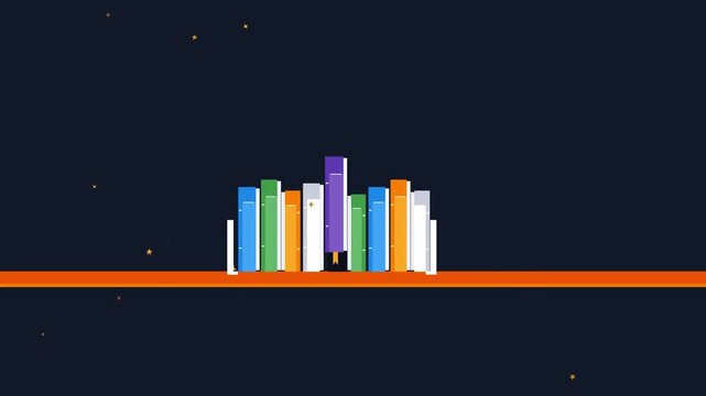 Animated vector video of a book moving as if in outer space.