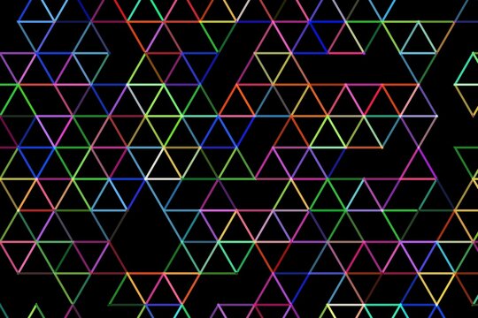 Colorful neon geometric triangles pattern on black background