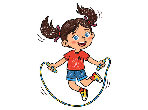 Cheerful young girl jumping rope in mid air with pigtails flying and wearing red t shirt