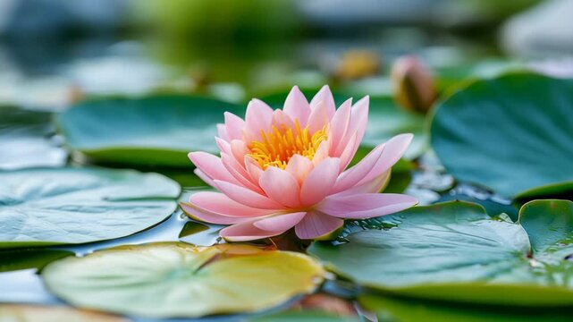 Serene pink water lily blooms gracefully on tranquil pond surface