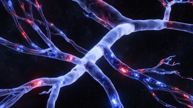 Abstract digital animation of nerve cells glowing blue and red on black