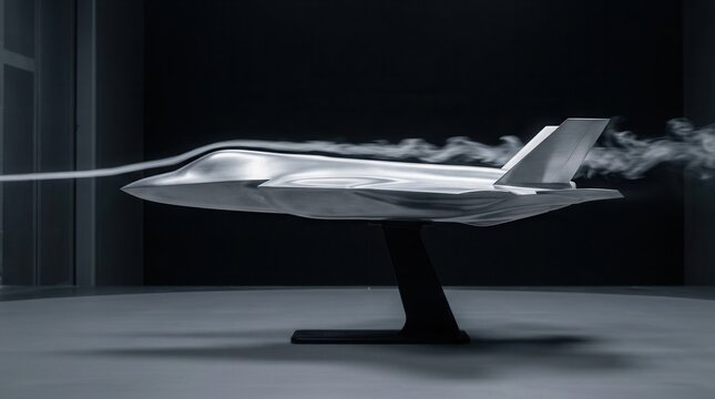 Airflow visualization of a futuristic aircraft model undergoing a wind tunnel test to illustrate aerodynamics science concepts on a dark background.
