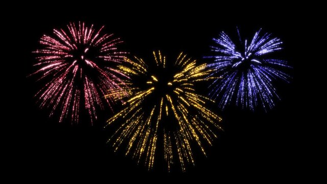 fireworks multicolor explosion new year celebration alpha channel animation,birthday and christmas shiny and glowing bursts on transparent background social media motion design element