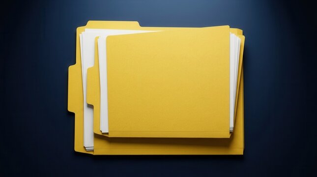 Top view mockup of two yellow document folders on a dark blue desk under a spotlight, ideal for an office workspace business template or report cover.